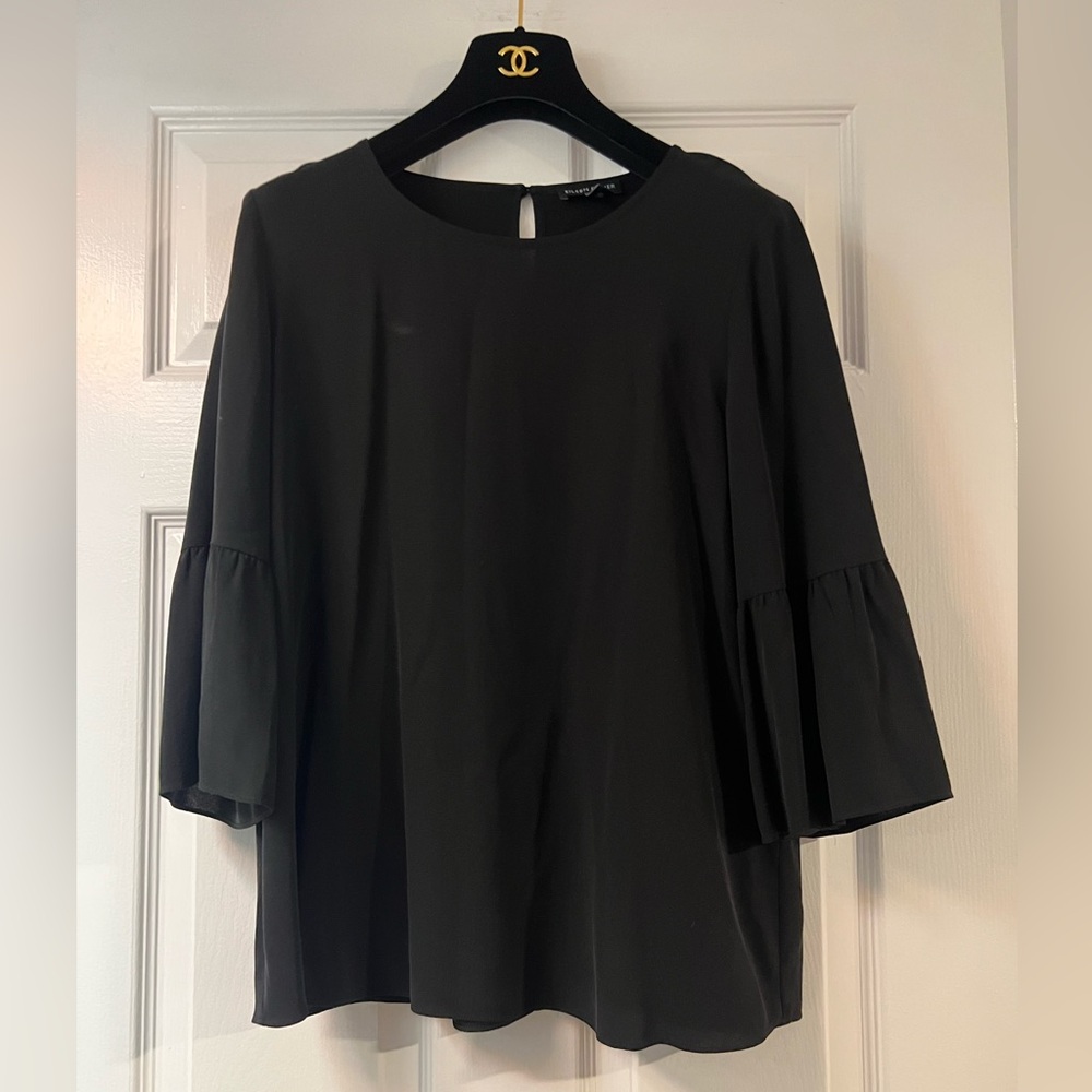 Eileen Fisher Silk Georgette Crepe Bell 3/4 Sleeve Top Blouse Size XS Black EUC